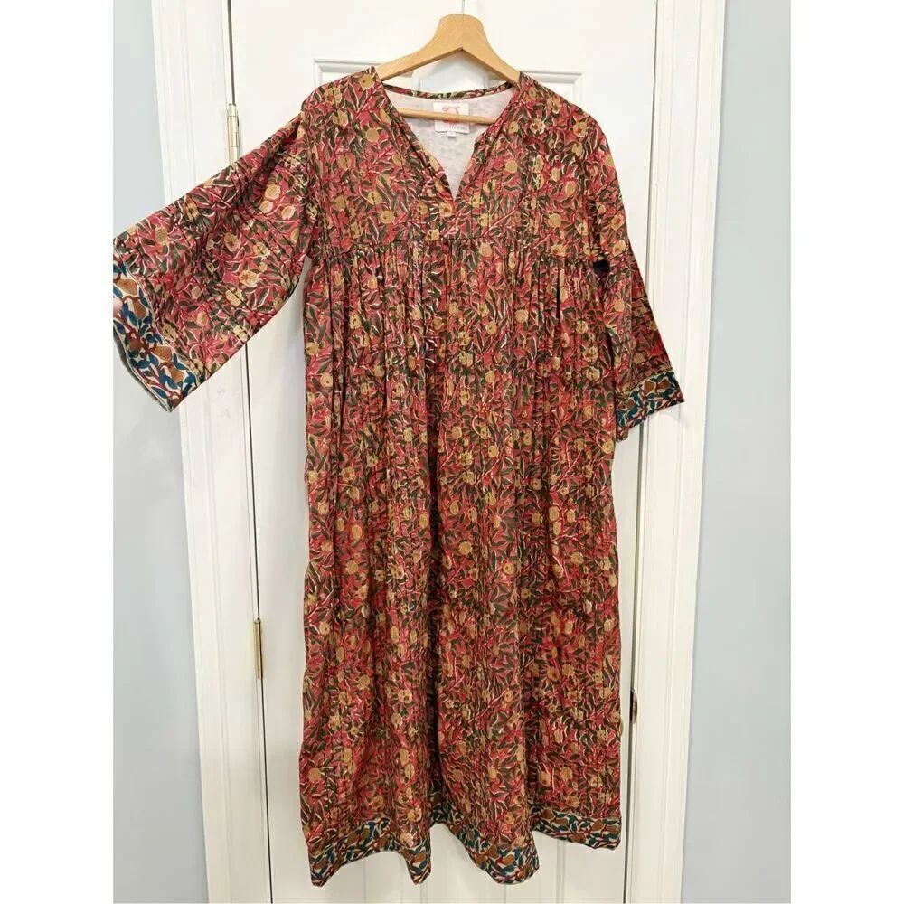 Victoria Dunn Block Print Flroal Dress Caftan Size XS